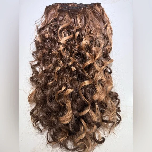 HAIR, Qty 4, 18” Curly Clip in Extensions, Brown/Carmel - Picture 1 of 12